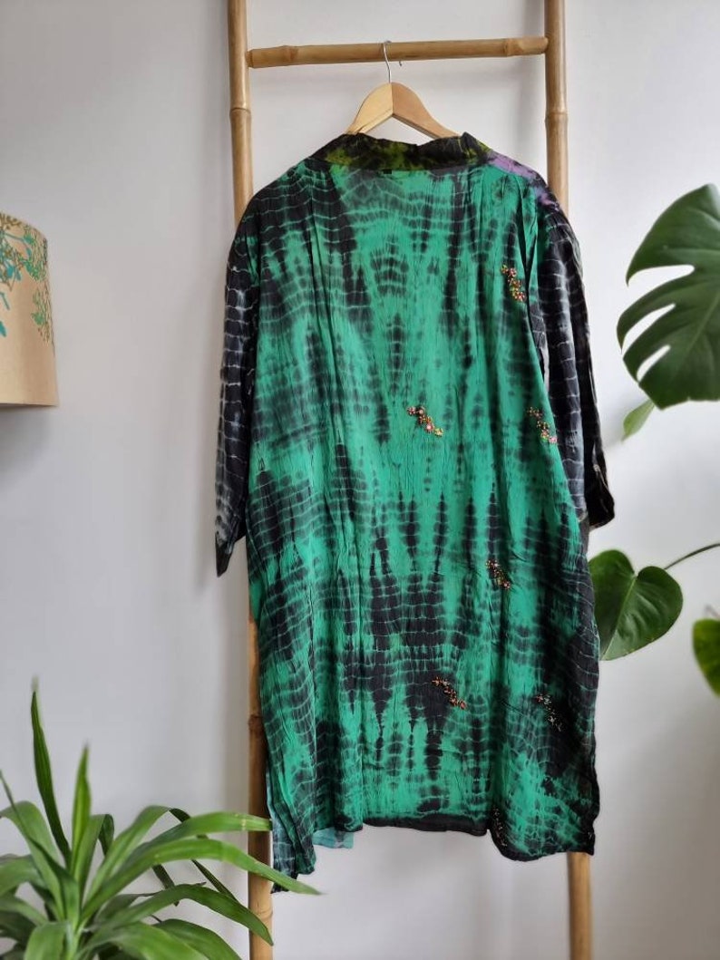 Recycled Crepe Silk Tie Dye Sari Boho Kimonos Regal House Robe Purple Green Aqua Embroidered Spring Summer Artistic Duster Beach Coverup