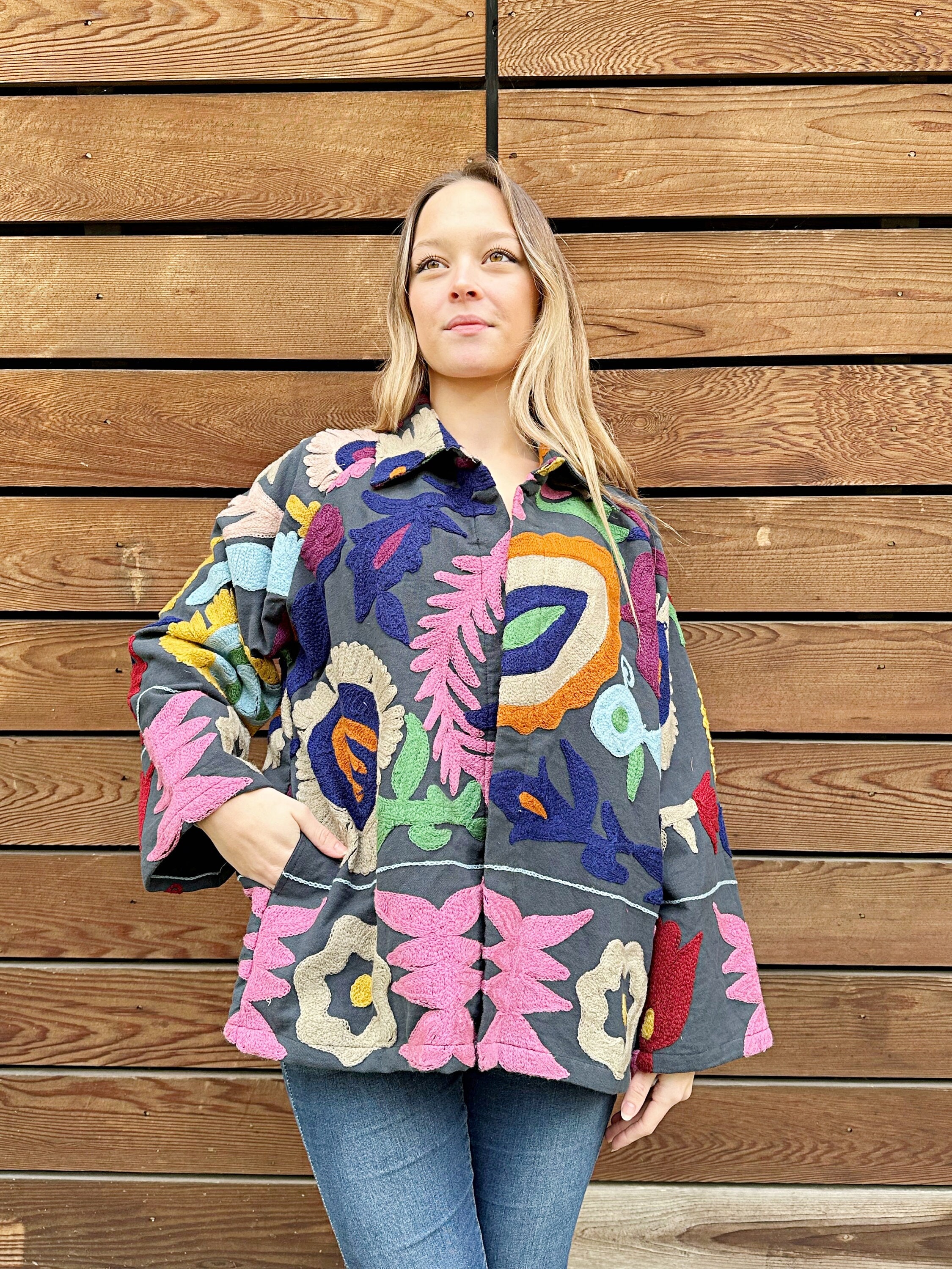 Suzani Hand Embroidered Short Collared Jacket | Spring Boho Coat