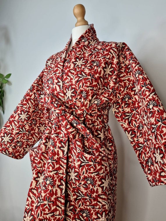 Quilted Unisex Silk Cotton Reversible Long Length Autumn Winter Warm Dressing Robe Boho Handprint Indian Blockprint Red Black Beige Blossom Etsy