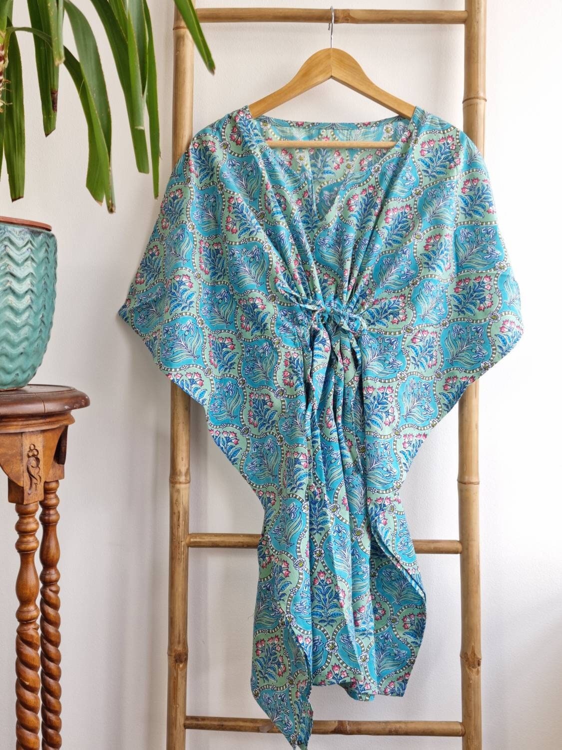 Pure Cotton Kaftan Short Dress Indian Block Printed Summer Kimono 