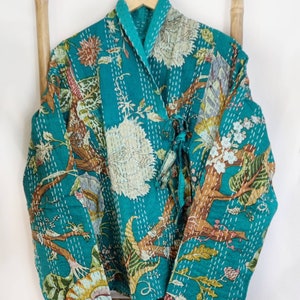 Kantha Reversible Short Length Spring Bolero All Season Bohemian Melange Artist Front Tie Open Jacket | Aqua Turquoise Forest Dreamer