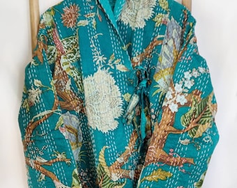 Kantha Reversible Short Length Spring Bolero All Season Bohemian Melange Artist Front Tie Open Jacket | Aqua Turquoise Forest Dreamer