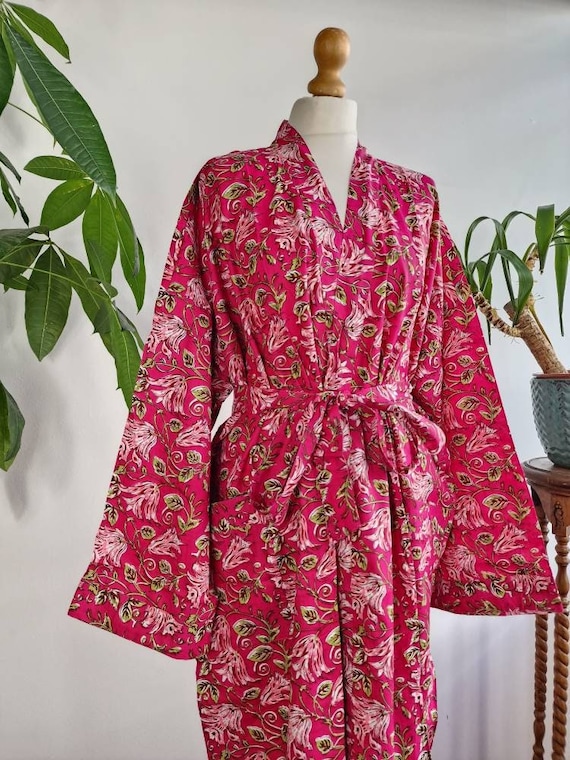 plus size cotton dressing gown Plus Size Soft Cotton Dressing Boho Kimono Regal House Robe Gown | Christmas Gift Idea | Hot Pink Love Green Gardenia Bloom | UK 18