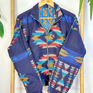 Yak Wool Blend Geometric Bomber Bolero Warm Cosy Jacket Regal Blue Turquoise Mustard Geometric Diamond Aztec Southwestern Ikat Style image 6