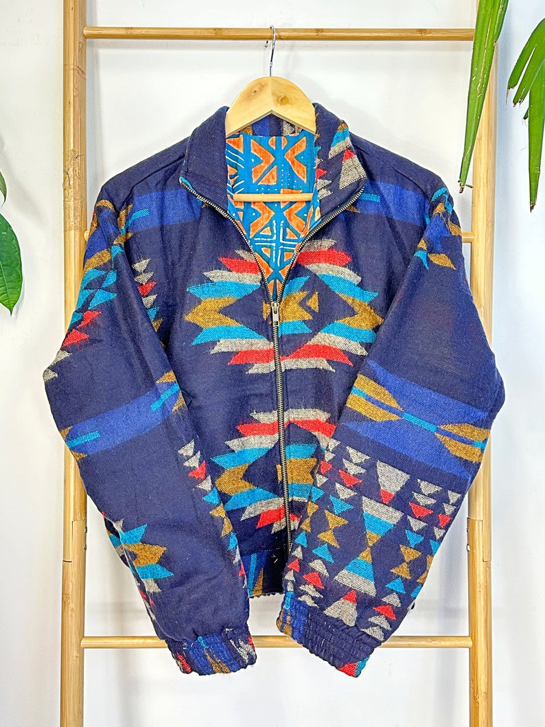 Yak Wool Blend Geometric Bomber Bolero Warm Cosy Jacket Regal Blue Turquoise Mustard Geometric Diamond Aztec Southwestern Ikat Style image 6