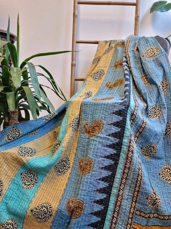 Vintage Handmade Kantha Stitch Sofa Throw | Beach Throw | Camper Van | Quirky Colours Blue Aqua Black Beige Paisley Peach Elephant