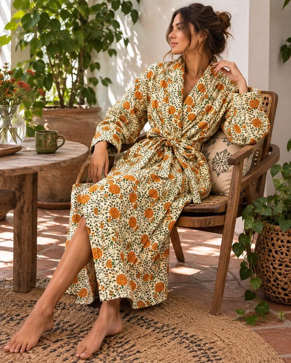 Quilted Pure Cotton Reversible Long Autumn Winter Dressing Kimono Robe Boho Indian Blockprint Classic Marigold Yellow Bloom Green Leaves