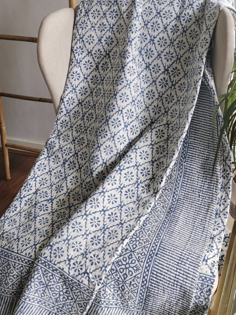 Kantha Stitch Pure Cotton Reversible Bed/Sofa Throw King Size Handmade HandPrinted Floral Dohar Diamond Weave Petal zdjęcie 4