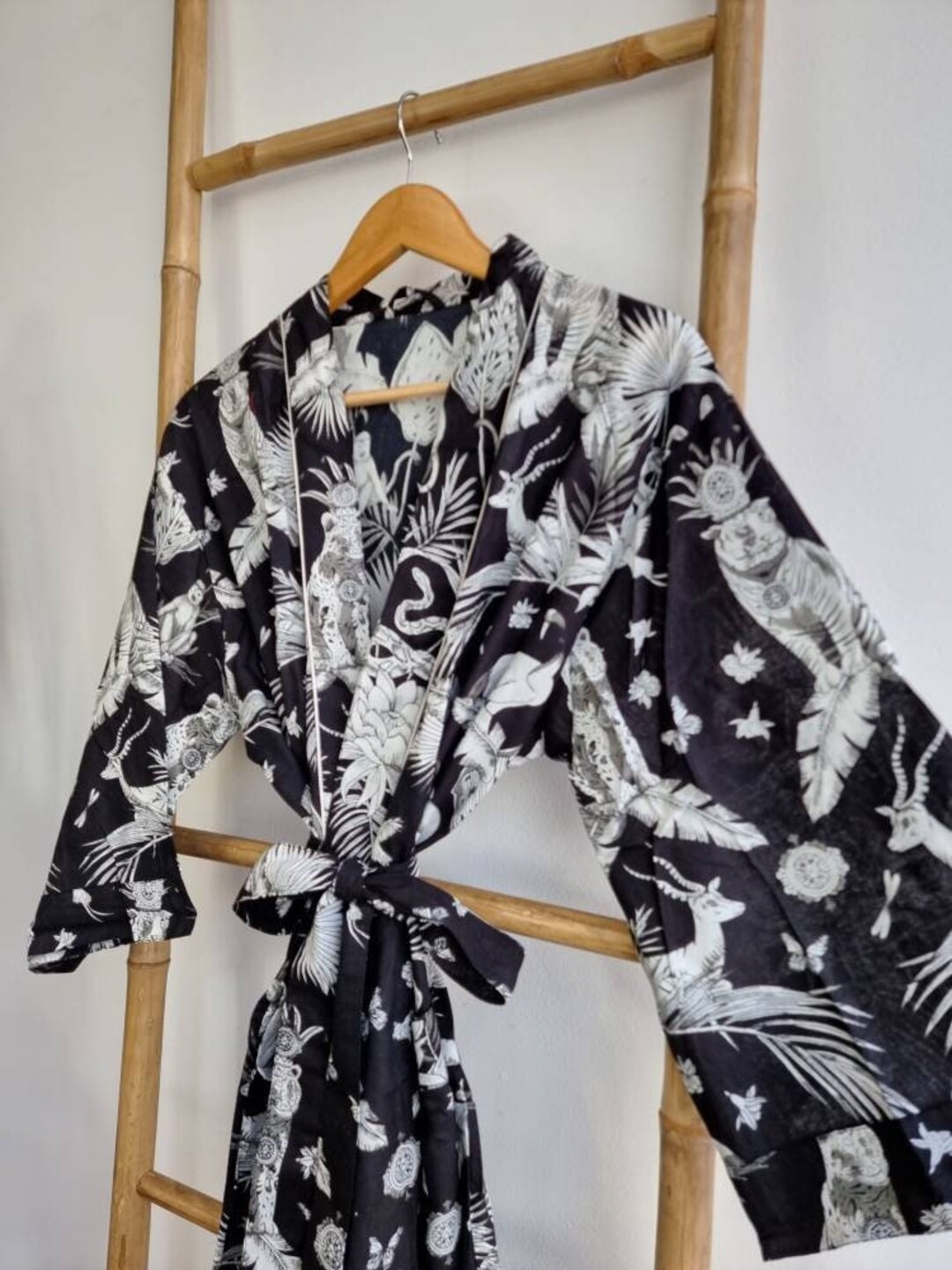 Men’s Cotton Funky House Boho Urban Robe Kimono | Royal Black White ...