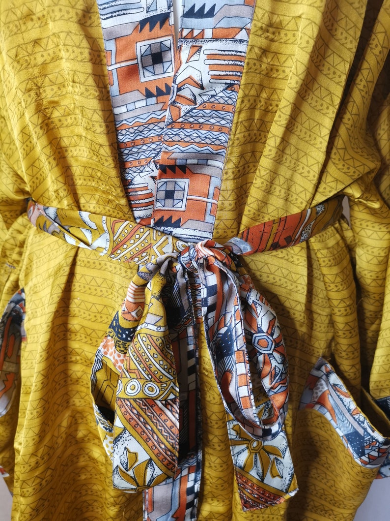 Recycled Silk Satin Mix Sari Boho Kimonos Regal House Robe Gold Mustard Urban Artistic Floral Duster Beach Coverup