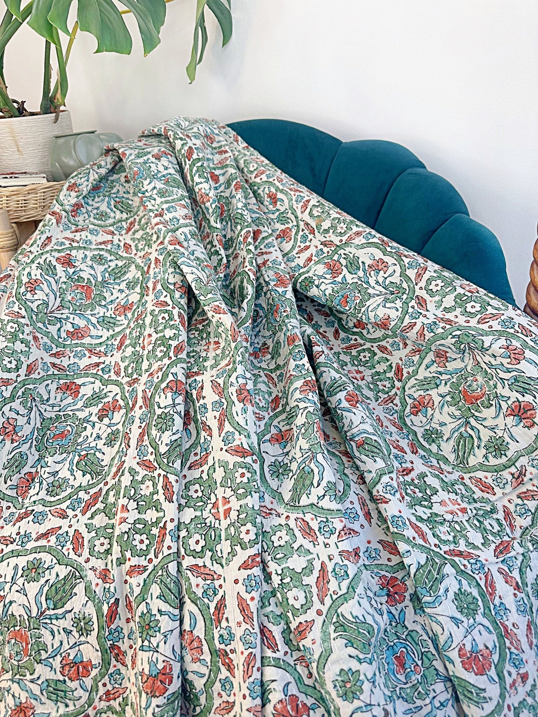 Copriletto In Cotone Fatto A Mano Kantha - Stampa A Blocchi Blu Indaco - Reversibile, 220x270 Cm (King Size) - 3