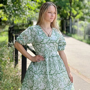 Pure Cotton Dress Indian Block Print Colourful Summer Earthy Elegant Comfy Daywear Beach Outfit Soft Sage Green White Spring Dream Love image 3