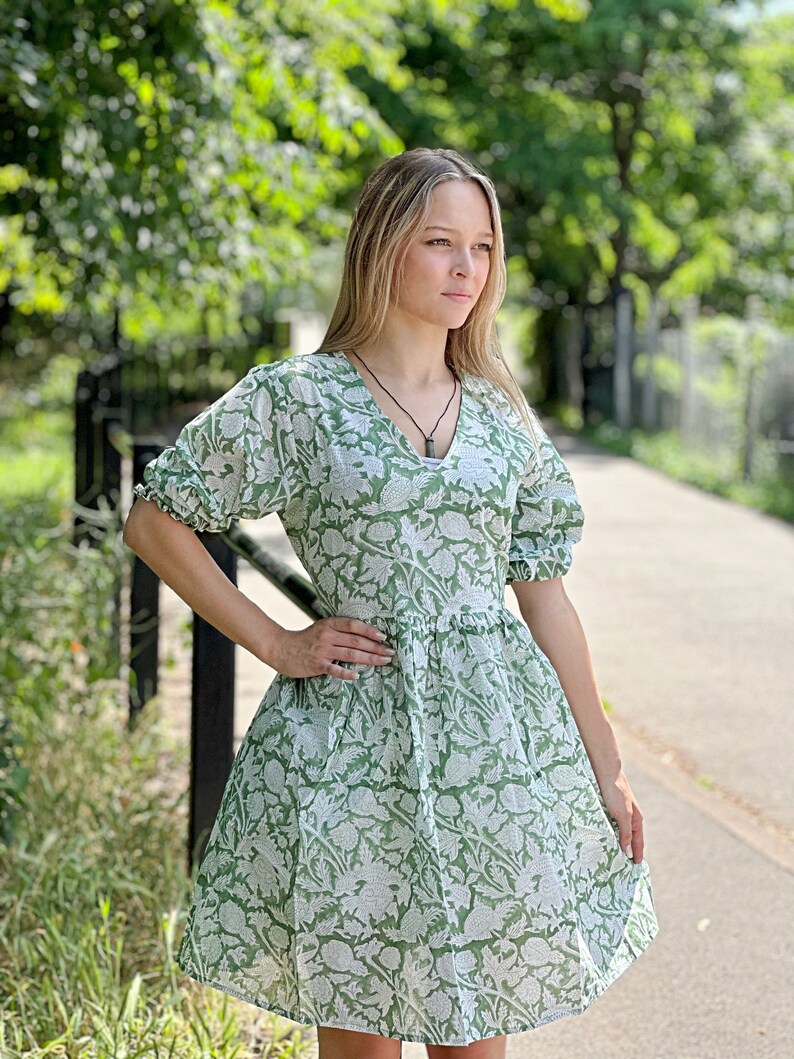 Pure Cotton Dress Indian Block Print Colourful Summer Earthy Elegant Comfy Daywear Beach Outfit Soft Sage Green White Spring Dream Love image 3