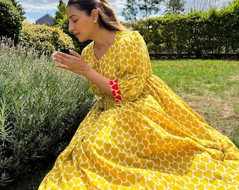 indian cotton boho dresses with sleeves Cotton Long Dress: Indian Block Print, Full Sleeve Boho Maxi
