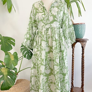 Olive Green Floral Block Print Cotton Maxi Dress – Indian Boho Long Dress main image 1