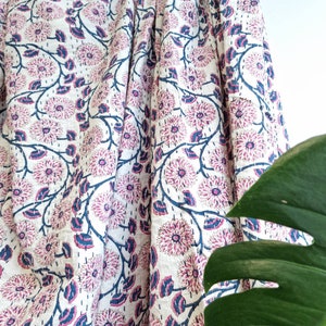 Kantha Stitch Pure Cotton Reversible Bed/Sofa Throw King Size Handmade HandPrinted Floral Dohar White Purple Pink Marigold Bloom Botanical