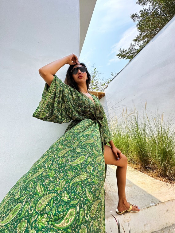 New Silky Sari Boho Kimono Regal House Robe Luxury Lounge Digital Flowy Gown Forest Emerald Green Nature Goddess Floral Duster Beach Etsy