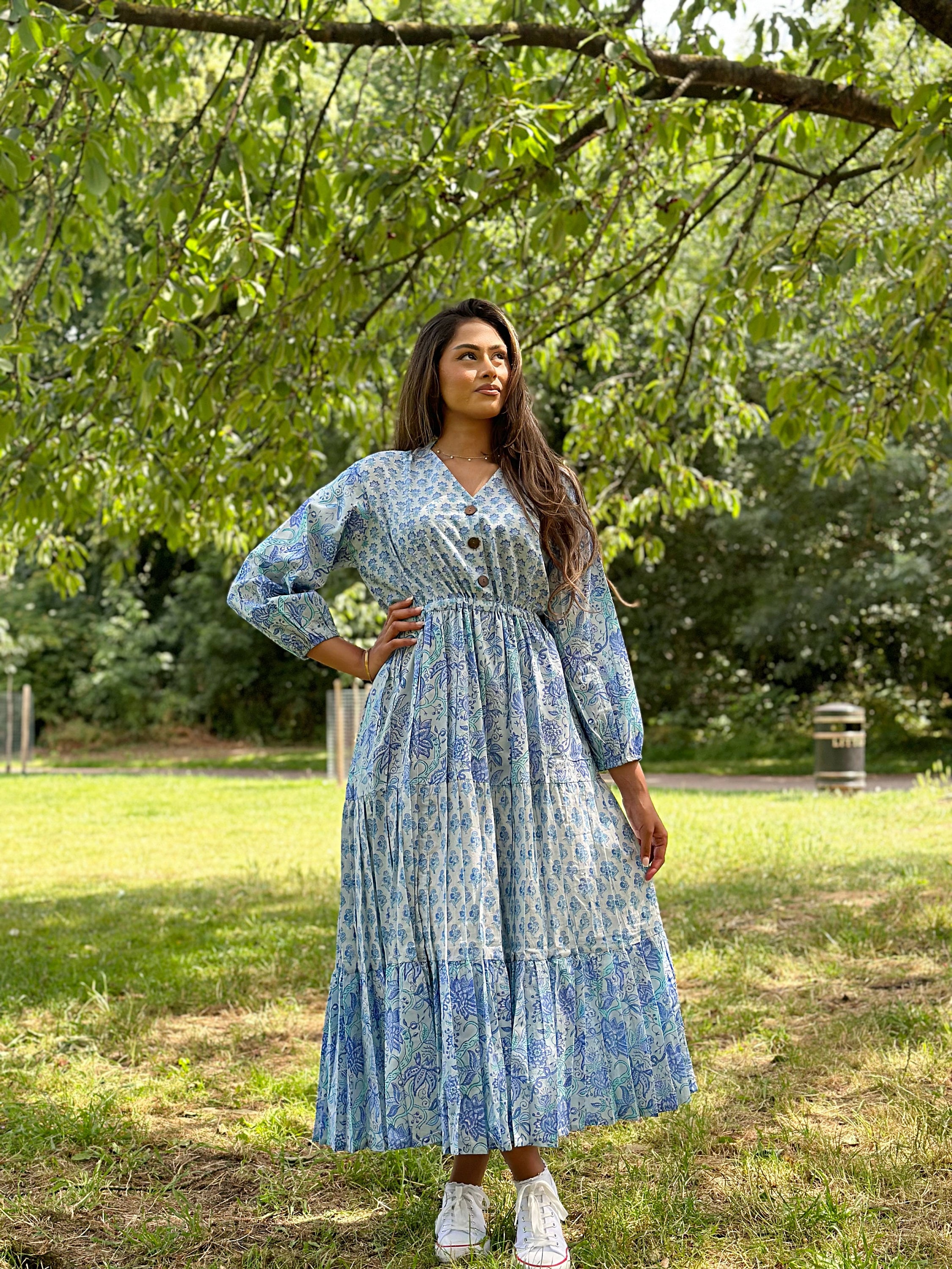 Pure Cotton Long Maxi Dress Indian Block Print Pastel Summer Earthy Elegant  Mommy Comfy Daywear Beach Outfit Grey Aqua Blue Pink Hue - Etsy
