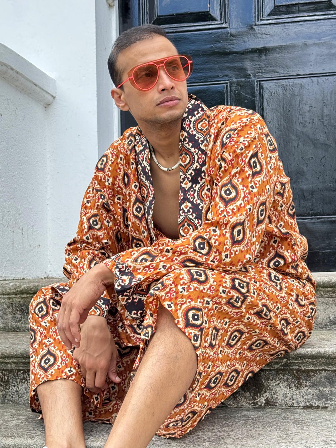 Man House Robe Men’s Cotton Block Print House Robe Kimono - Mustard Black White Maroon ...