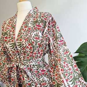 Pure Cotton Handprinted House Robe Botanical Kimono Pastel Innocent White Nature Temple Green Pink Floral Beach Coverup/Comfy Maternity