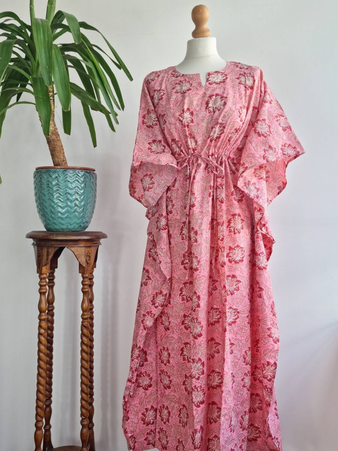 L-Peach kaftan voor dames met bloemenprint, lange jurk, strandjurk, pareo, cover-ups, eenheidsmaat, blauw, wit, maxi, Eén maat