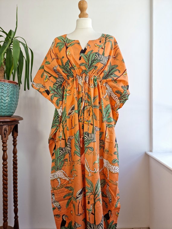 pure cotton kaftan dress Pure Cotton Kaftan Long Dress Indian Blockprint Summer Floral Beach Coverup/Comfy Maternity Spring Jungle Safari Animal Peach Orange Green