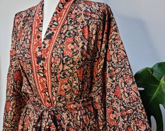 New Silky Sari Boho Kimono Regal House Robe - Luxury Lounge Digital Print Flowy Gown |Oriental Persian Black Red Beige Gold | Paisley Duster