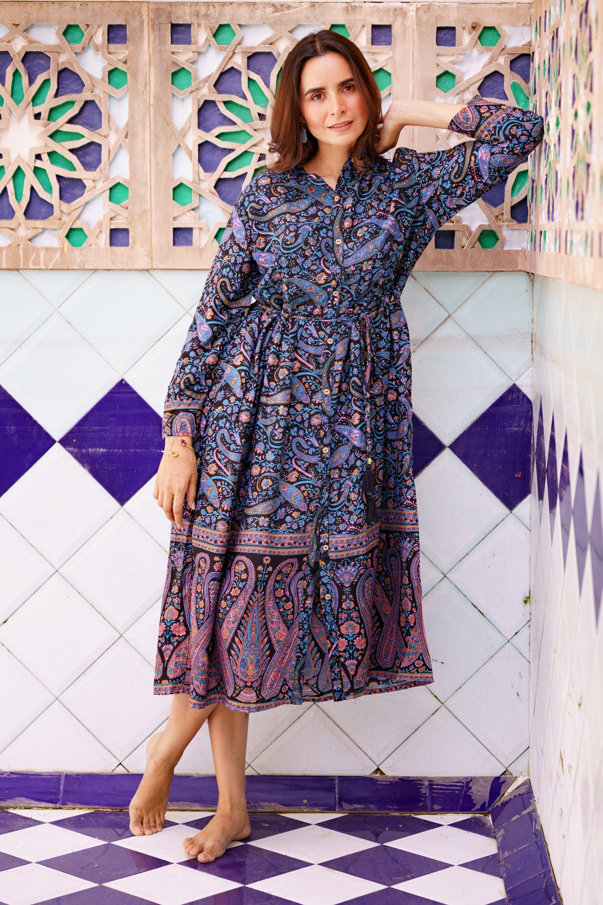 princess polly baby blue dress Cotton Midi Black Blue Paisley Flowy Dress Indian Floral Colourful Summer Elegant Comfy Daywear Beach Outfit Front Button Down Casual Mommy