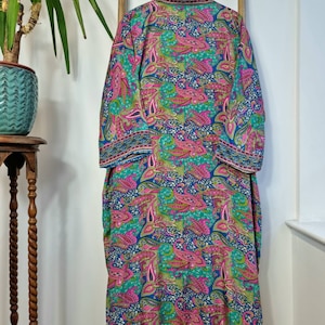 New Silky Sari Boho Kimono Regal House Robe Luxury Lounge Digital Print Flowy Gown Quirky Colourful Aqua Blue Pink Paisley Persian Holiday image 8