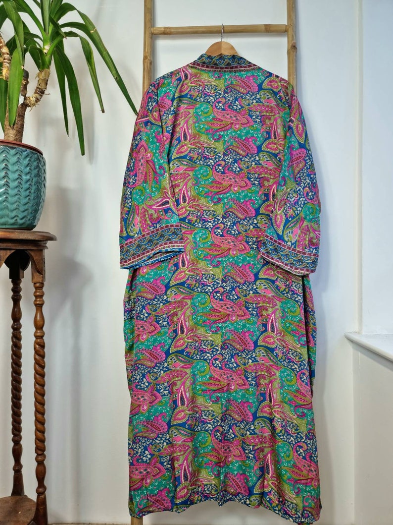 New Silky Sari Boho Kimono Regal House Robe Luxury Lounge Digital Print Flowy Gown Quirky Colourful Aqua Blue Pink Paisley Persian Holiday image 8