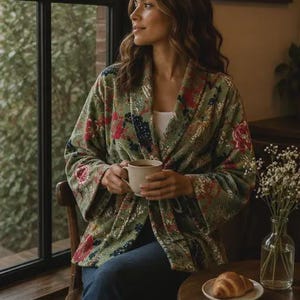 Può includere: Una giacca aperta color verde salvia con un vivace motivo floreale nei toni del rosso, rosa e blu scuro. Il capo presenta maniche lunghe e ampie, un colletto a scialle e una cintura abbinata, indossato sopra un top bianco e jeans blu scuro.