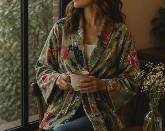 Lyxig sammet Boho Quirky Blommig Lager Middagschic Kappa Bomberjacka Bolero Vårgåva | Elegant Pistage Sommar Grön Rosa Blågrön