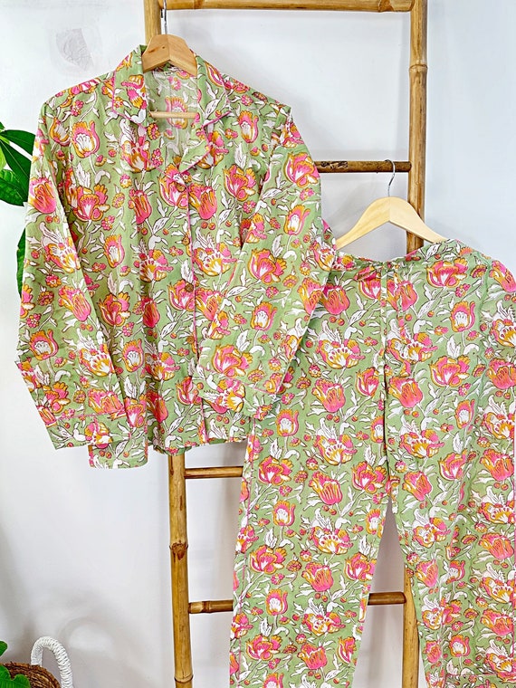 Love Garden Hand Printed Indian Block print Pure Cotton Floral Pyjama Set Spring Pistachio Green Peach Pink Pastel Hibiscus Etsy Canada