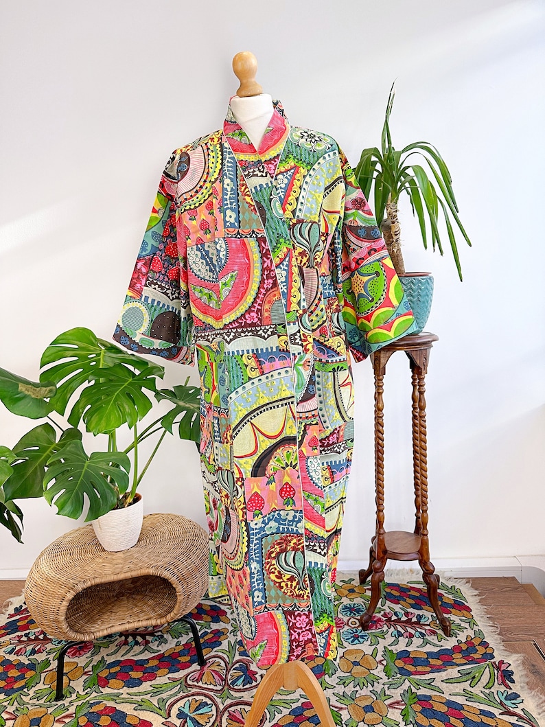 Colourful Robe Pure Cotton Handprinted House Robe Summer Kimono | Floral Beach ...