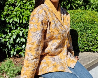 Kantha Reversible Short Length Spring Bolero All Season Bohemian Melange Artist Unisex Front Tie Open Jacket | Mustard Yellow White Oriental