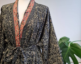 New Silk Sari Boho Kimono Regal House Robe - Luxury Lounge Digital Print Flowy Gown | Persian Black Beige Gold | Floral Oriental Duster