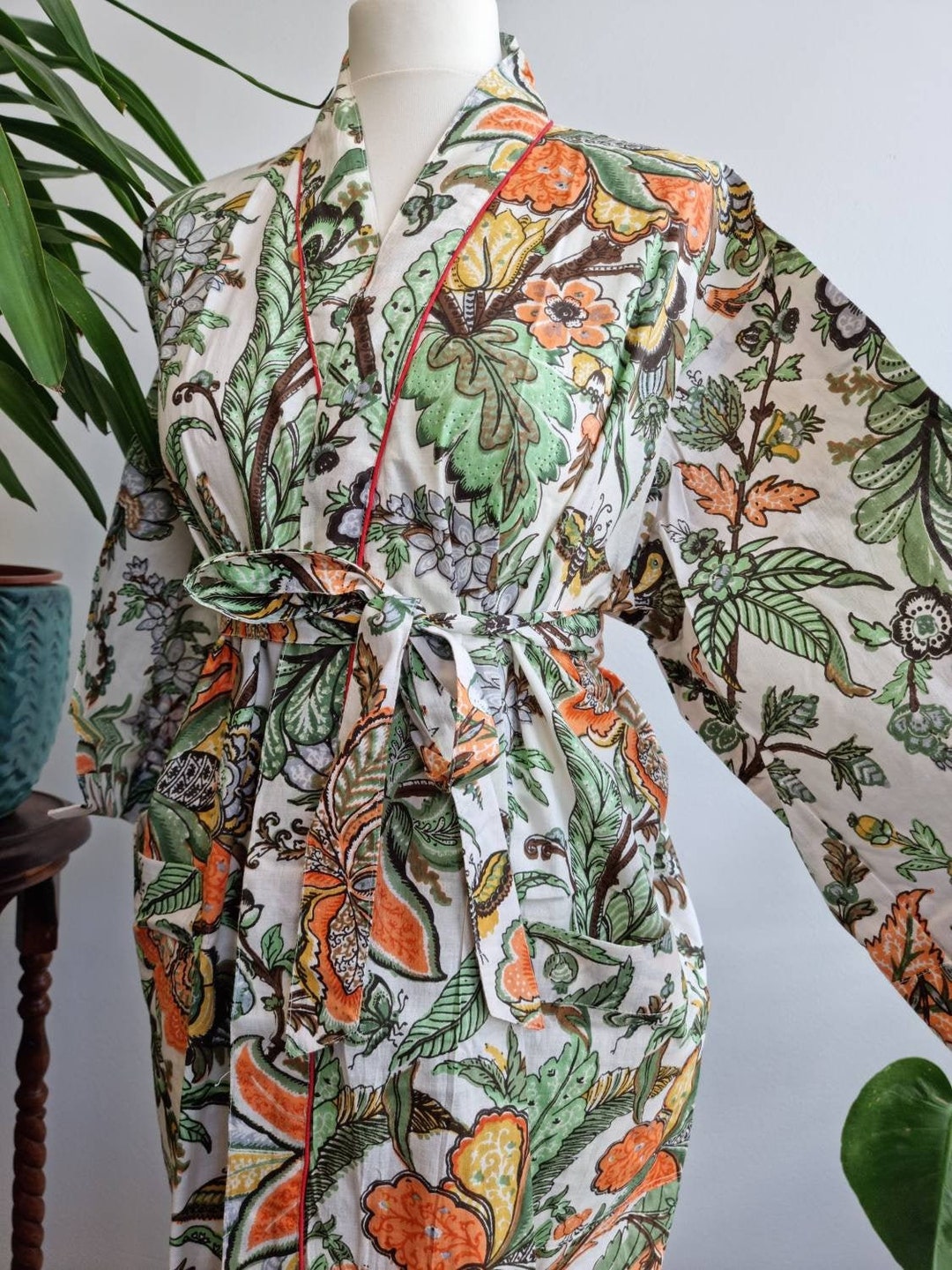 Pure Cotton Handprinted House Robe Summer Kimono | Floral Beach Coverup ...