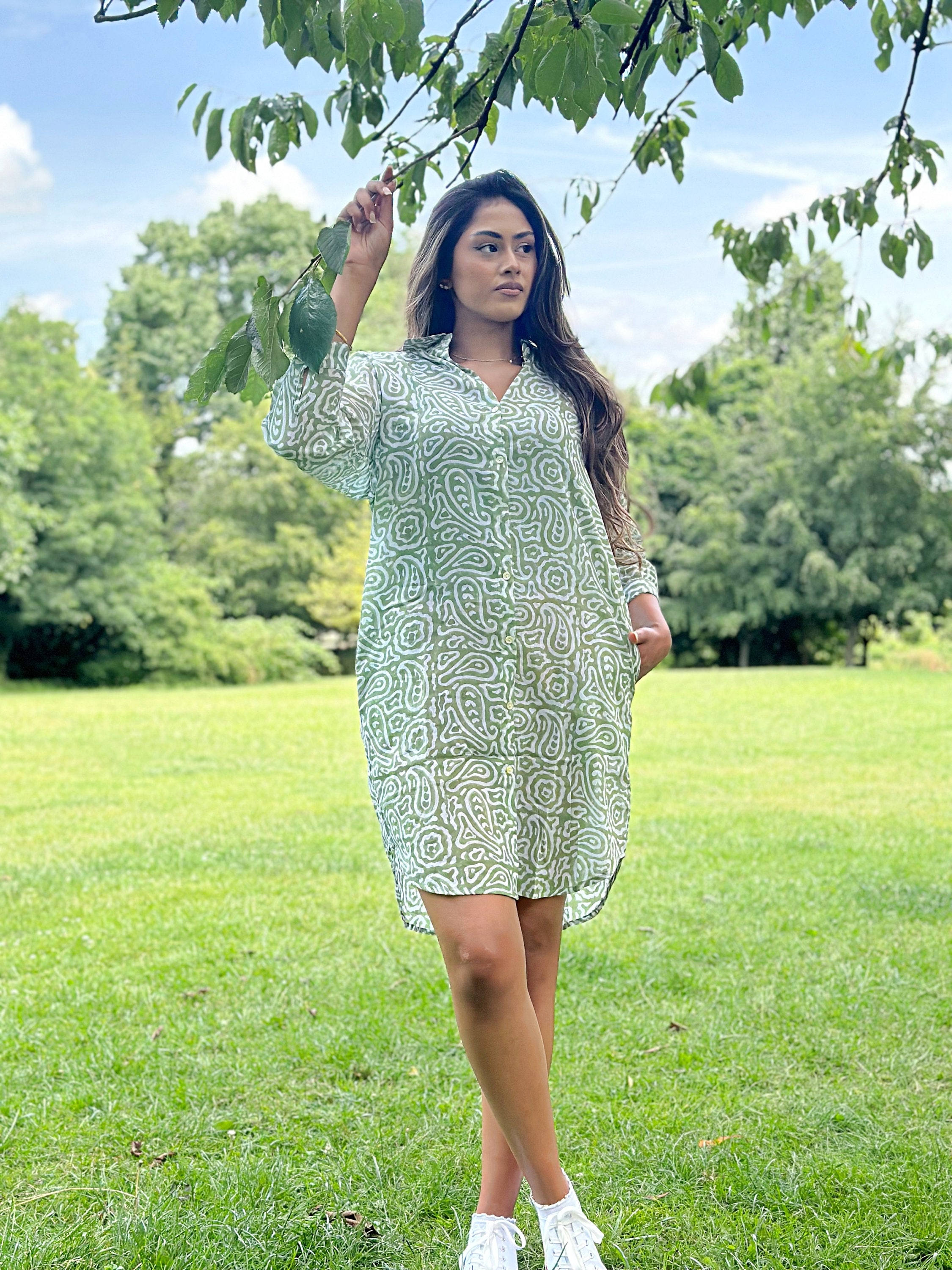 Pure Cotton Knee Length Shirt Dress Indian Block Print Boho Colourful Summer Earthy Casual Comfy Daywear Soft Blue Green Leaf White Paisley Pure Cotton Knee Length Shirt Dress Indian Block Print Boho Colourful Summer Earthy Casual Comfy Daywear Soft Blue Green Leaf White Paisley