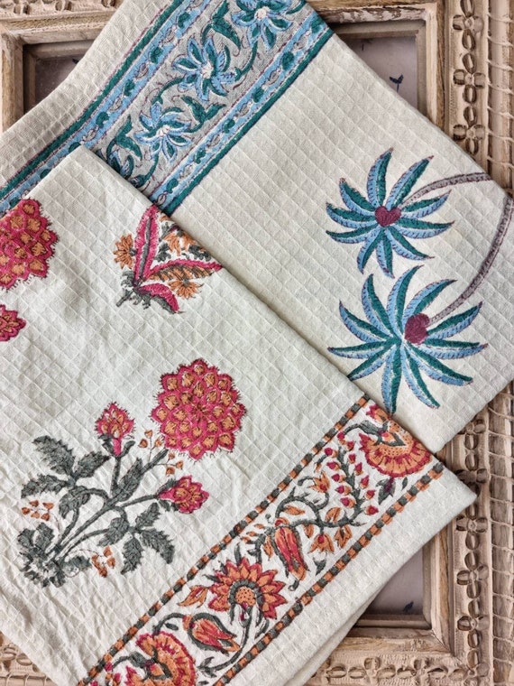Tea Towels Set Handblock Printed Cotton Floral Linen Elegant