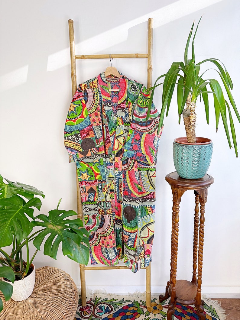 Colourful Robe Pure Cotton Handprinted House Robe Summer Kimono | Floral Beach ...