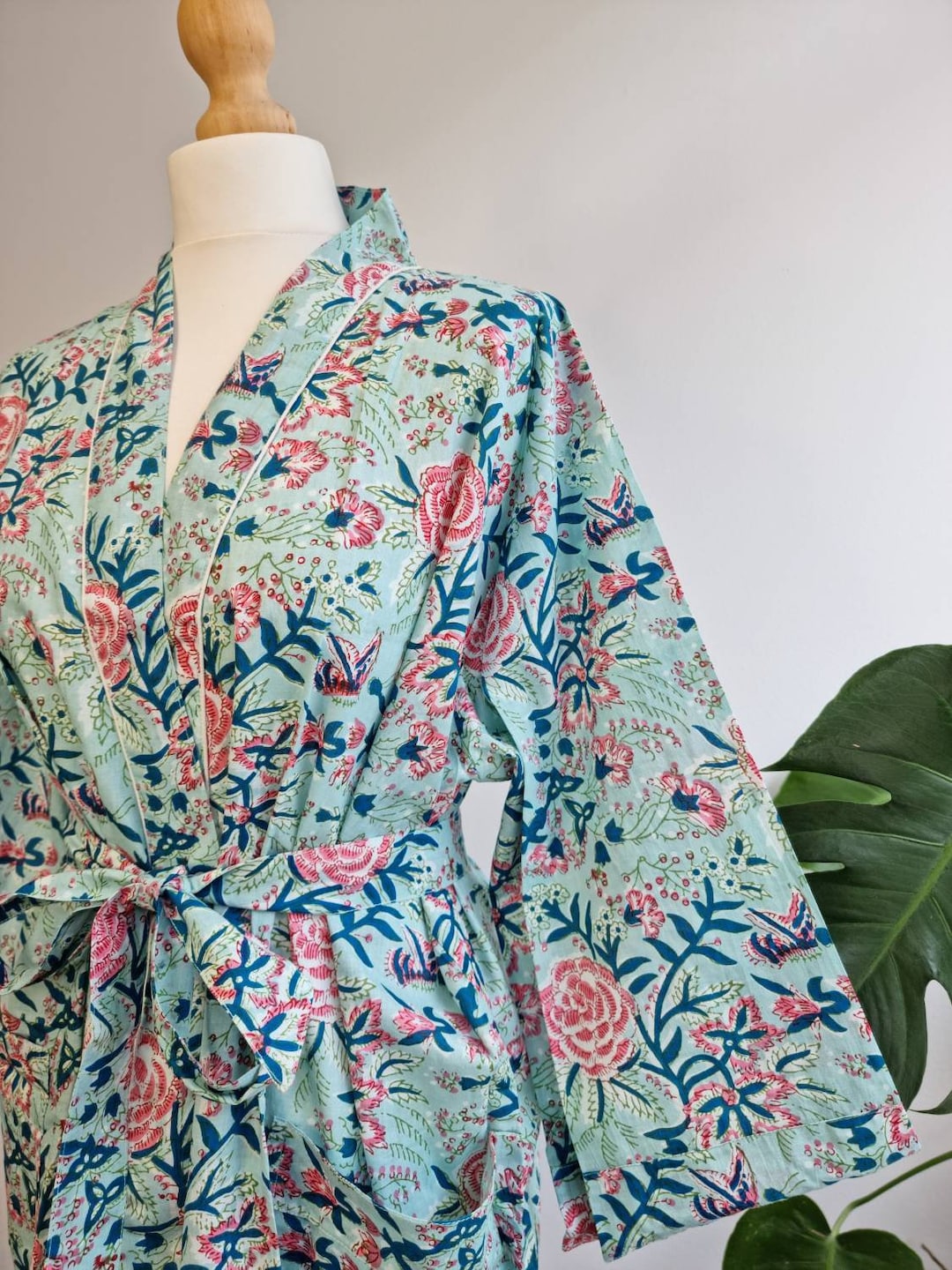 Peignoir d'int?�rieur 100 % coton imprim?� ?� la main kimono d'?�t?� Robe de plage fleurie/Maternit?� 