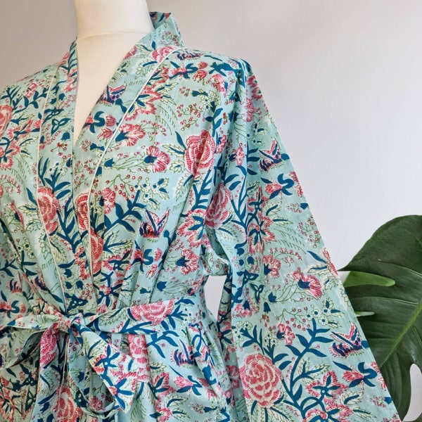 Pure Cotton Handprinted House Robe Summer Kimono | Floral Beach Coverup/Comfy Maternity Mom | Pastel Mint Gardenia