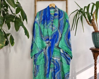 Kimonos Boho en soie pour hommes, Robe d'artiste de plage pour maison d'homme, vague de marbre ombré Turquoise vert bleu Aqua Sea Wonder