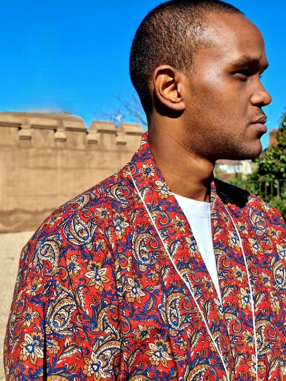 Peignoir de chambre kimono homme en coton imprime a la main Rouge royal imprime Paisley Bagru Etsy France