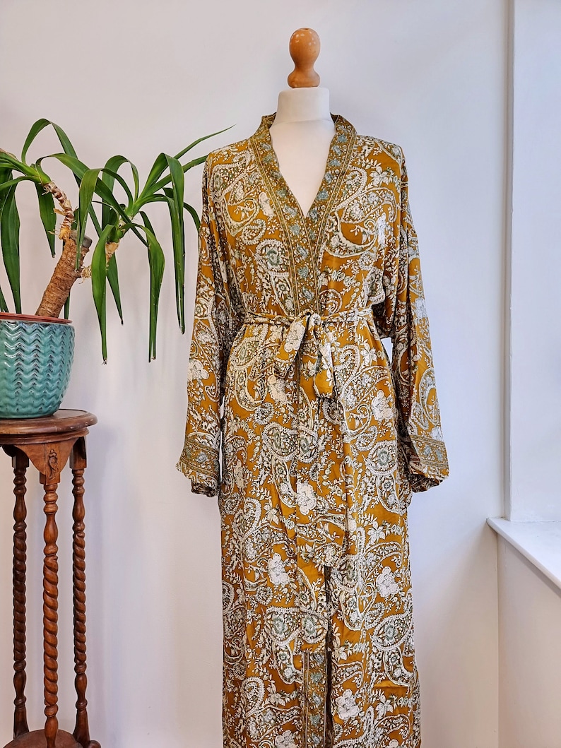 Mustard Yellow Robe New Silky Sari Boho Kimono Regal House Robe Luxury Lounge Flowy Gown ...