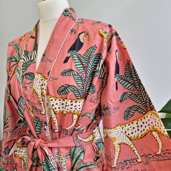 Peignoir d'intérieur indien 100 % coton imprimé kimono d'été | Robe de plage fleurie/Maternité confortable pour maman | Imprimé animal Safari Rose pêche Rose