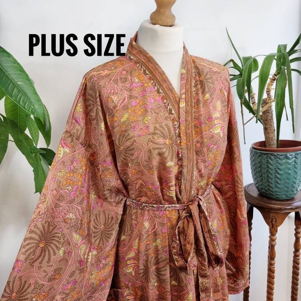 Plus Size Boho Kimono Regal House Robe - Luxury Lounge Digital Print Flowy Gown | Champagne Rose Gold Butterfly Oriental Floral Duster Beach