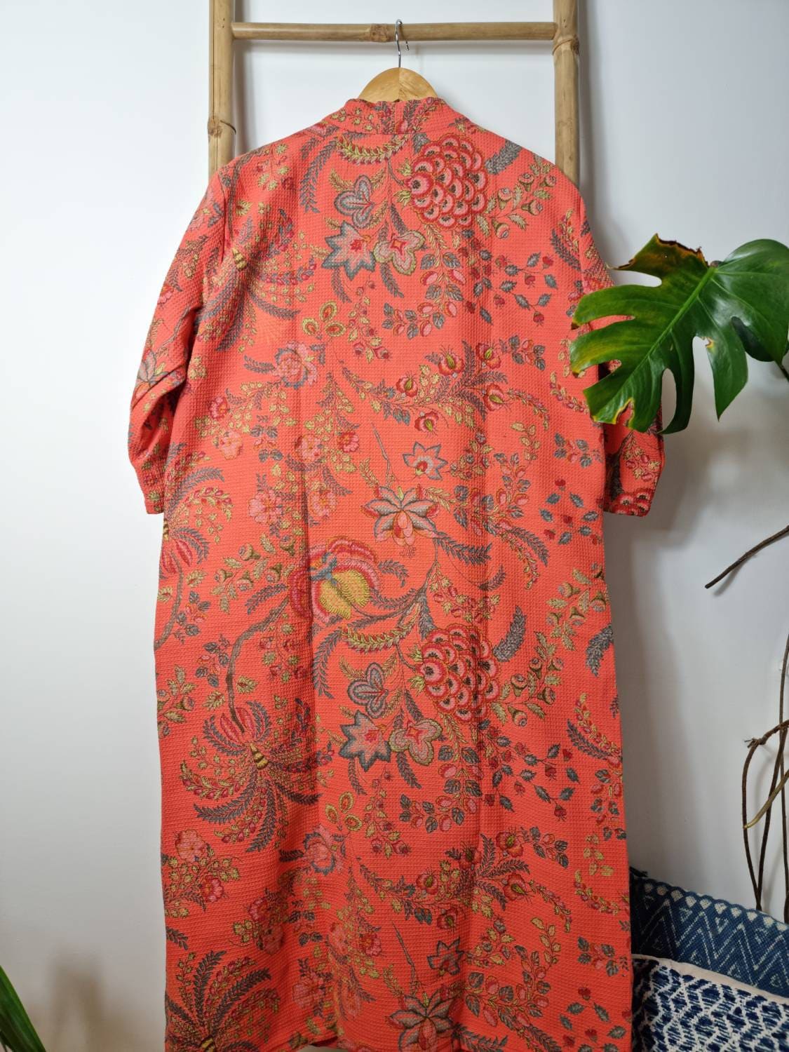 Pur coton gaufré imprimé à la main maison de bain Kimono d'été | Robe de plage florale spa | Fleur Jardin Botanique Orange Crush De Printemps - France