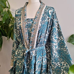 New Silky Slip Dress Kimono Set Regal House Robe - Luxury Lounge Gown White Turquoise Grey Sleep | Night Sensual Wear Paisley Duster Coverup