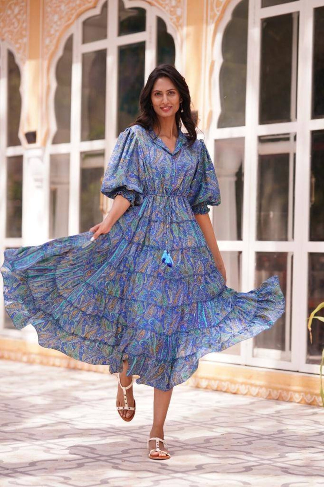 blue dress for baby girl Blue Boho Paisley Print Off Shoulder Maxi Dress Blue / XL / 100%Viscose main image 0